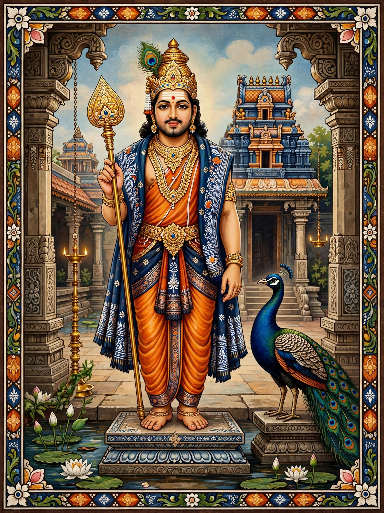 Temple-mural style painting of Lord Murugan holding the vel, standing beside his peacock