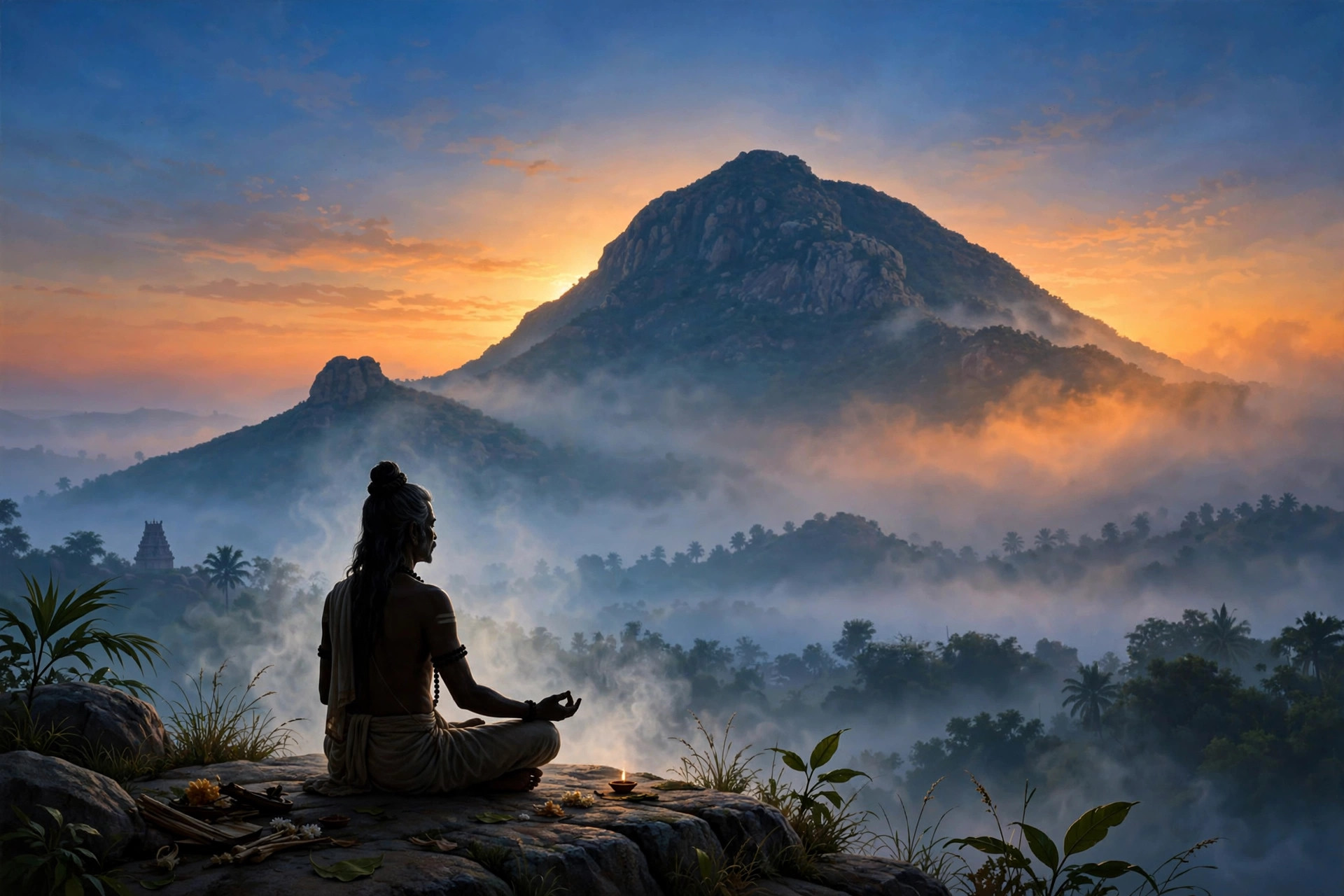 A siddhar sage in meditation at dawn before Arunachala hill, mist rising