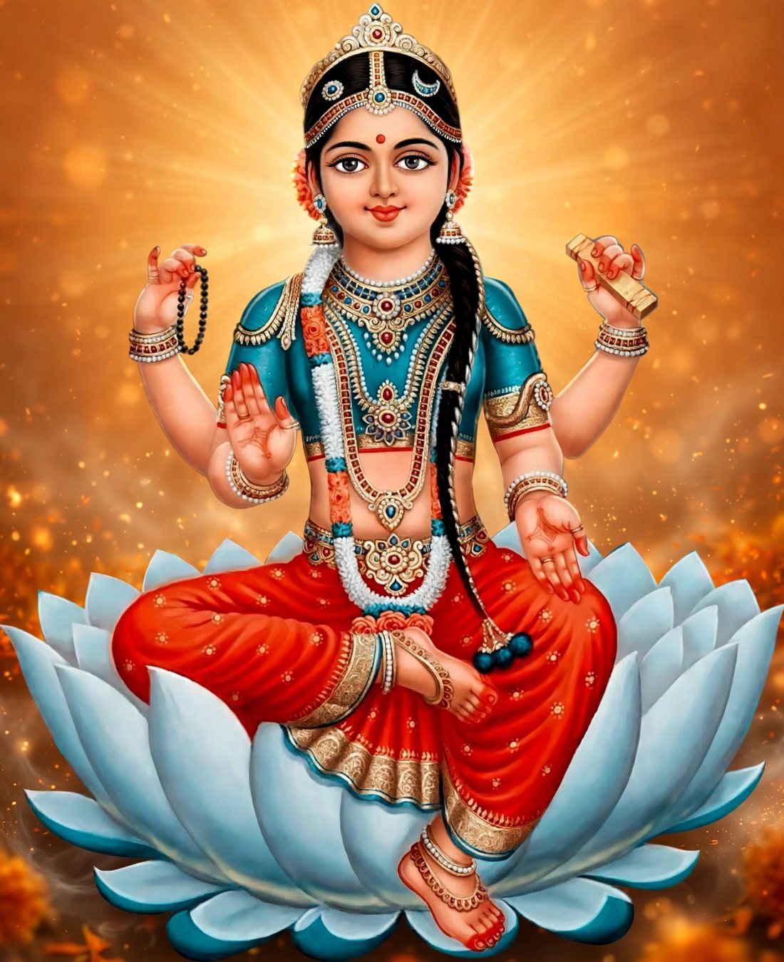Devotional painting of Vaalai Thaai, the Divine Mother, seated on a white lotus, adorned in blue and red, against a radiant golden glow